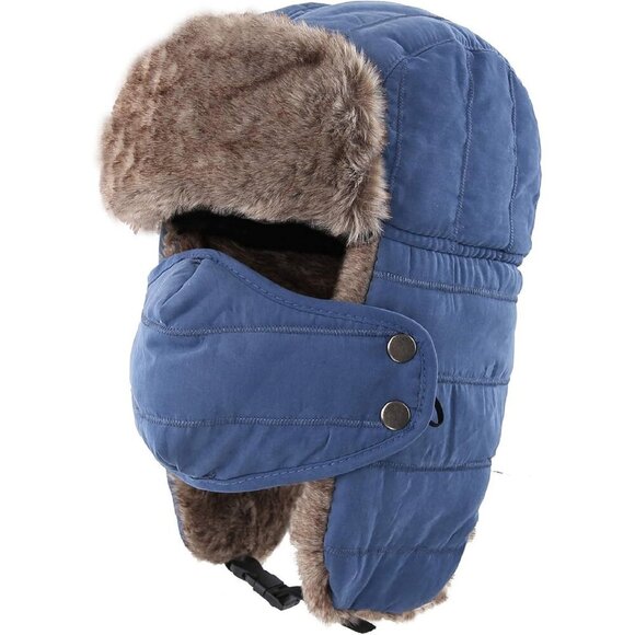 Men\'s Blue Trooper Trapper Hat Warm Winter Hunting Cap w/ Removable Mask